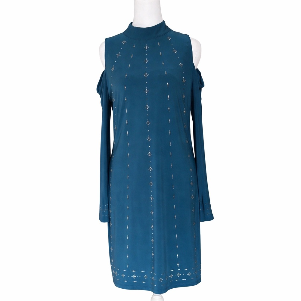 White House Black Market Women's Small Blue Cold Shoulder Dress Studded Sheath